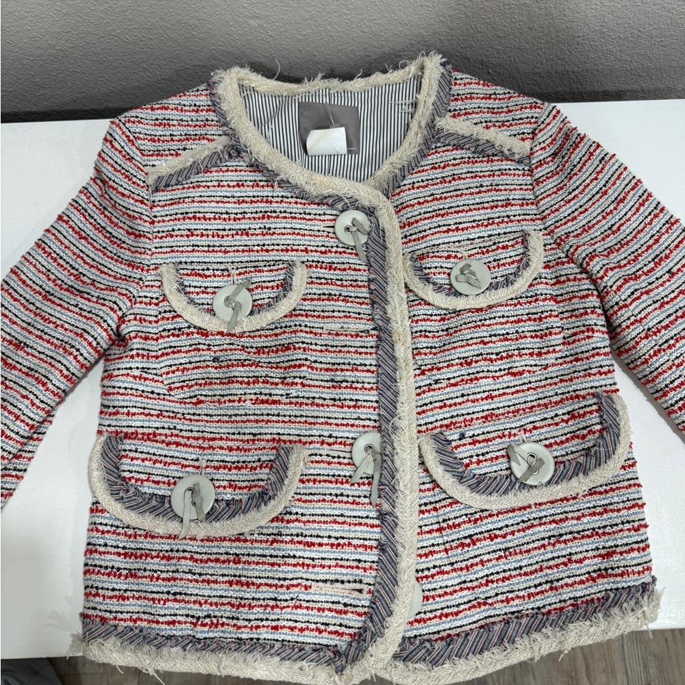Elegant Striped Tweed Women's Blazer with leather Button Accents